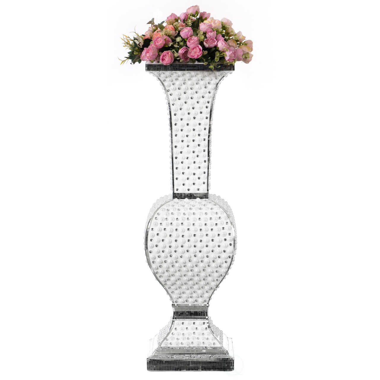 Decorative Trumpet Floor Vase, Silver Studs, White Pearl Design, 40 Inch, Floral Display, Living Room, Entryway, Dining Room, Elegant Statement Piece, Home Accent, Wedding Decor, Unique Tall Vase